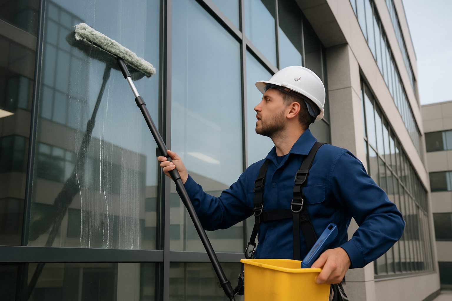 Professional window cleaner working on a commercial building