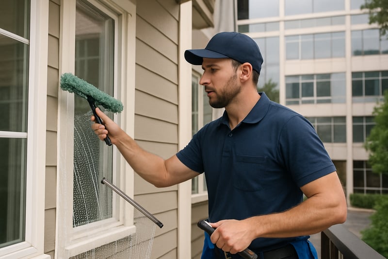 Professional window cleaner working on residential and commercial windows Professional window cleaner working on residential and commercial windows
