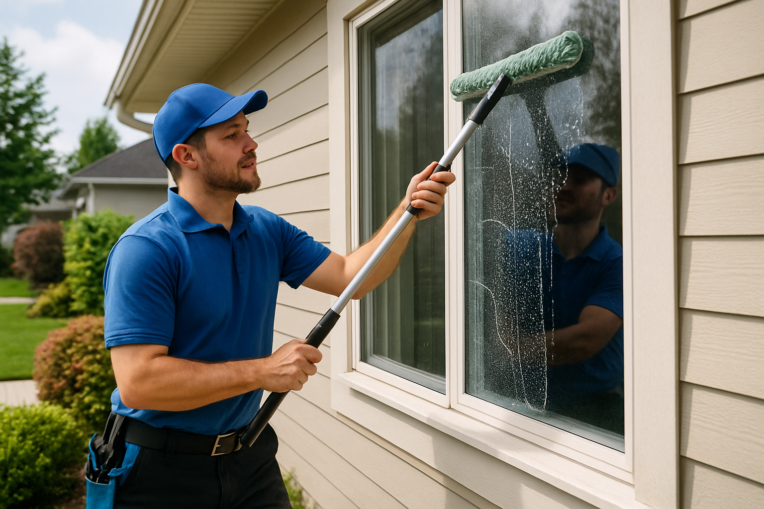 Technician cleaning exterior windows of a home